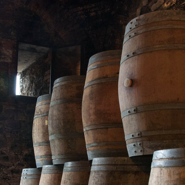 wine barrel in a dark room