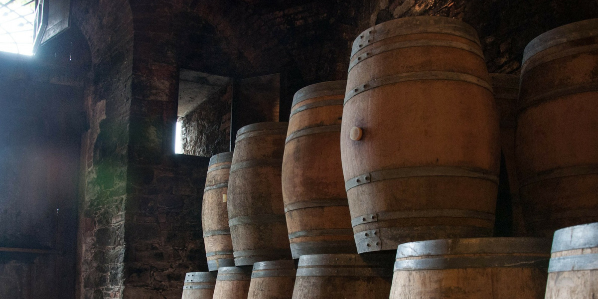 wine barrel in a dark room